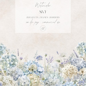 Set di clipart di fiori blu ad acquerello, clipart di fiori di campo blu polverosi, composizioni floreali blu polverose, ortensie ad acquerello, download digitale