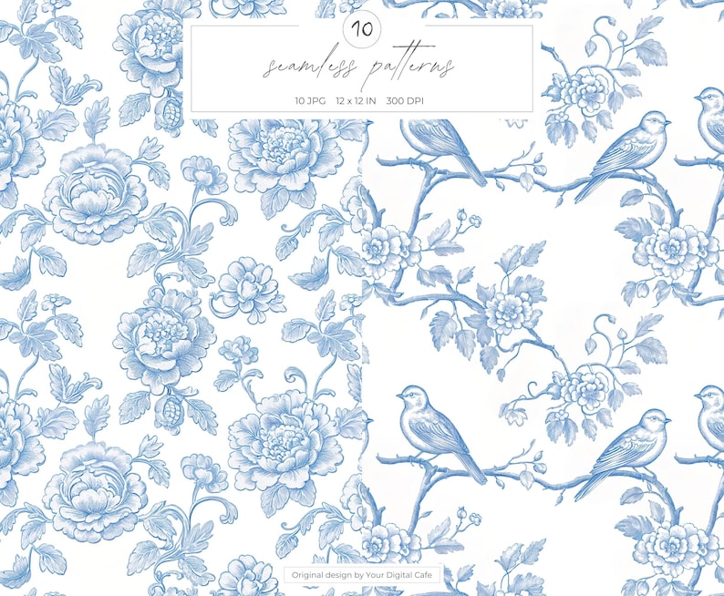 Blue Chinoiserie Seamless Patterns: Vintage Floral Birds Toile De Jouy ...