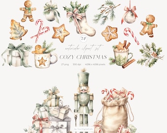 Aquarel neutrale kerstclipart: gezellige rustieke kerstafbeeldingen, winterornamenten, png, scrapbooking (digitale download)