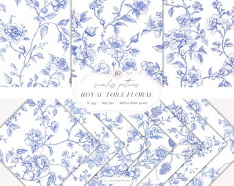 Blue Chinoiserie Toile de Jouy Seamless Paper: Vintage Floral Patterns for Papers, Fabrics, POD (Digital Download)