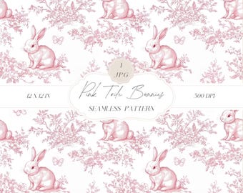 Pink Toile Bunnies Seamless Pattern, Nursery Backdrops, Chinoiserie Pattern, Pink Bunny Digital Paper, Download Clipart for Papers, Fabrics