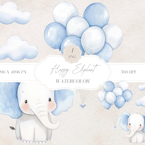 Clipart di elefantino acquerello, PNG di elefantino per bambini, elefante carino con palloncini, illustrazione di elefante bambina, blu, scarica clipart