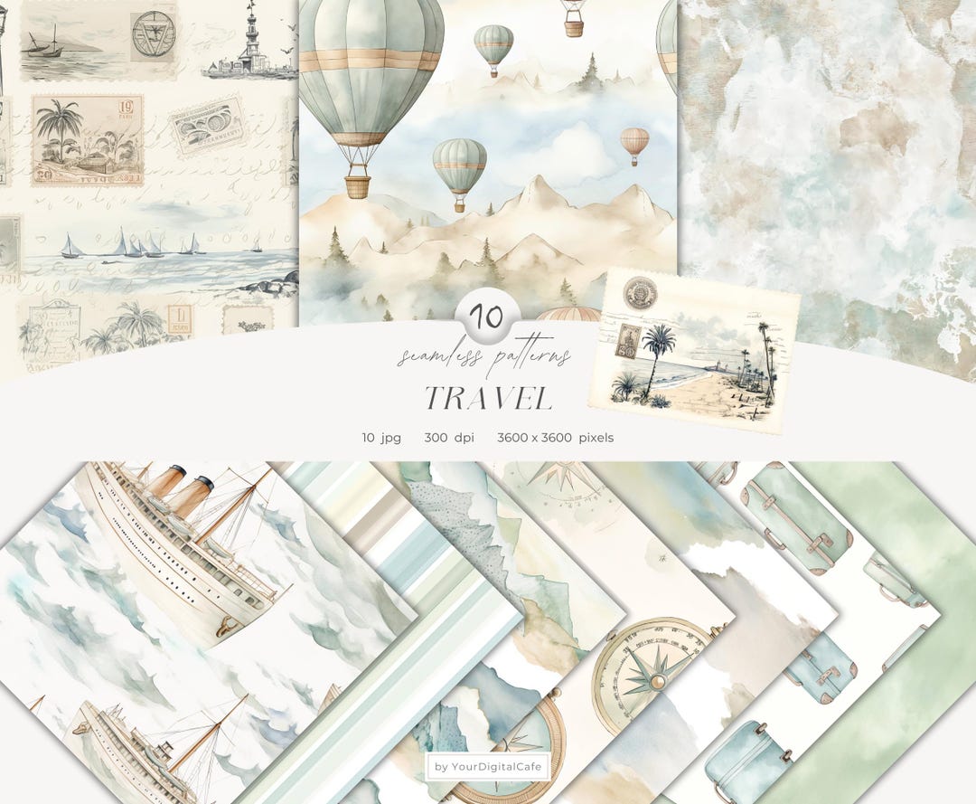 Travel Pattern Paper Watercolor Travel Seamless Patterns: Neutral Nursery Digital Paper ...