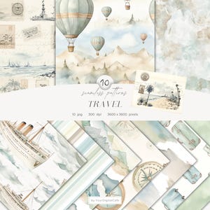 Watercolor Travel Seamless Patterns: Neutral Nursery Digital Paper, Stamp, Hot Balloon, Suitcase (Digital Download)
