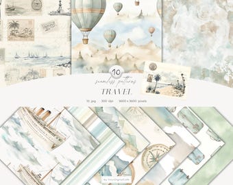 Watercolor Travel Seamless Patterns: Neutral Nursery Digital Paper, Stamp, Hot Balloon, Suitcase (Digital Download)