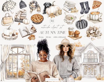 Autumn Time Watercolor Clipart: Cozy Neutral Fall PNG, Pumpkins, Cottagecore, Stickers Clip Art (Digital Download)