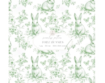 Green Chinoiserie Toile de Jouy Seamless Paper: Bunny Background, Pattern for Papers, Fabrics, POD (Digital Download)