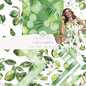 Watercolor Lime Seamless Pattern: Summer Citrus Background, Floral, Scrapbook, Clipart for Papers, Fabrics (Digital Download)