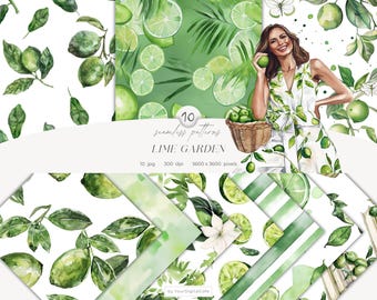Watercolor Lime Seamless Pattern: Summer Citrus Background, Floral, Scrapbook, Clipart for Papers, Fabrics (Digital Download)