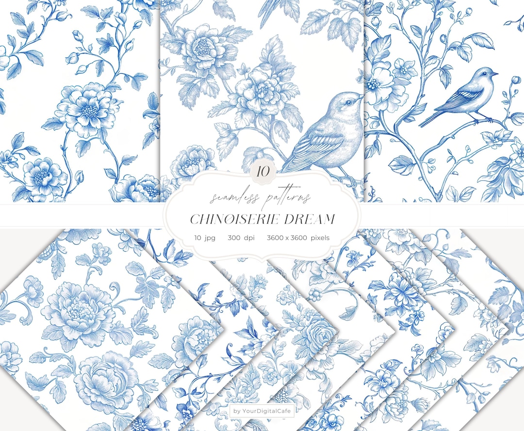 Blue Chinoiserie Seamless Patterns: Vintage Floral Birds Toile De Jouy ...