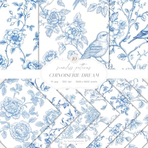 Carta senza cuciture Toile de Jouy Blue Chinoiserie: motivi floreali vintage per carte, tessuti, POD (download digitale)
