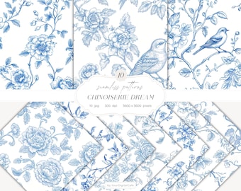 Blue Chinoiserie Toile de Jouy Seamless Paper: Vintage Floral Patterns for Papers, Fabrics, POD (Digital Download)