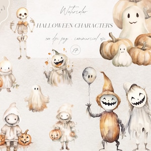 Aquarel schattige Halloween-personages clipartbundel, Kids Halloween-illustraties, vintage spookachtige illustraties, schattig spook PNG, digitale download