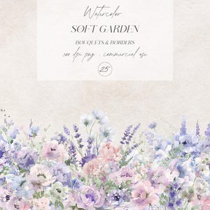 Conjunto de imágenes prediseñadas florales de jardín suave, flores moradas de acuarela, bordes florales PNG, imágenes prediseñadas de invitación, arreglos florales, imágenes prediseñadas de acuarela