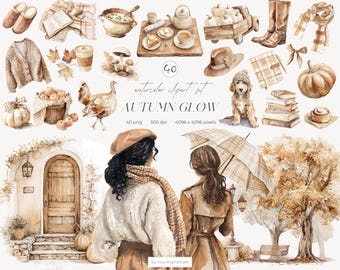 Watercolor Autumn Glow Clipart: Autumnal Vibes, Cozy Fall PNG, Neutral Autumn Graphics (Digital Download)