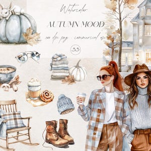 Paquete de imágenes prediseñadas de otoño acogedor en acuarela, imágenes de otoño neutrales, gráficos PNG de otoño, imágenes prediseñadas de calabaza, pegatinas digitales, descarga para uso comercial