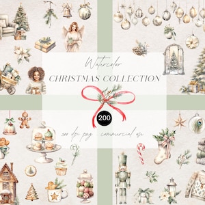 Watercolor Christmas Clipart Bundle, Christmas Holiday, Cute Christmas Png Bundle, Festive Clipart, Cottagecore, Commercial Use PNG Download