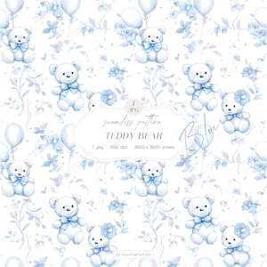 May include: A seamless pattern featuring watercolor teddy bears in various poses, adorned with blue bows and floral accents. The design includes blue balloons and delicate floral vines on a white background. The text "TEDDY BEAR" is visible.