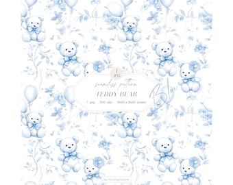 Blue Chinoiserie Toile de Jouy Seamless Paper: Teddy Bear Pattern for Papers, Fabrics, POD, & more (Digital Download)