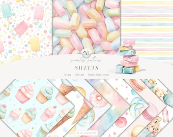 Watercolor Sweets Seamless Patterns, Pastel Candy Land Digital Paper, Ice Cream Pattern, Scrapbook Paper (Digital Download)