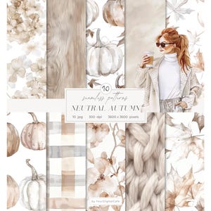 Watercolor Neutral Autumn Seamless Digital Paper: Cozy Fall Patterns, Floral Background (Digital Download)