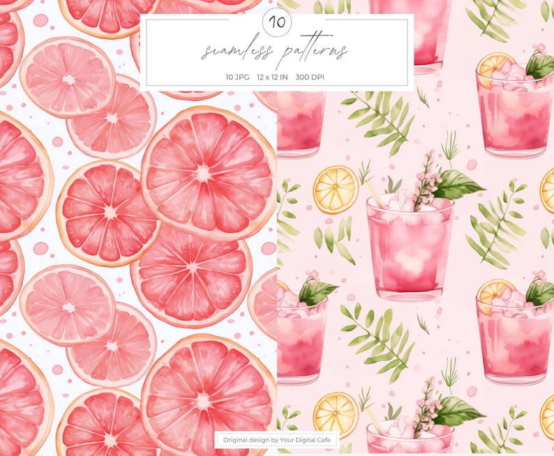 Pink Summer Elements Seamless Patterns: Watercolor Floral Background, Scrapbook Paper (Digital Download) image 7