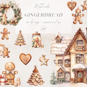 Aquarelle pain d'épice Clipart, clipart décoration de Noël mignon, ornements de bonhomme en pain d'épice, graphiques de biscuits en pain d'épice, vacances PNG, numérique
