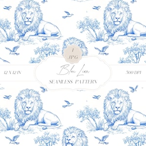 Toile de Jouy chinoiserie bleue sans couture, motif animaux, motif Lion, papier numérique pour chambre d'enfant, instantané, clipart pour papiers, tissus