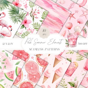Motifs d'été sans couture, papier numérique d'été, motif d'éléments d'été rose JPEG, motif répétitif, papier de scrapbooking motif Summer Vibes