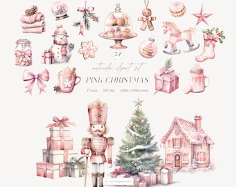 Imágenes prediseñadas navideñas en acuarela rosa: Imágenes prediseñadas invernales acogedoras, Navidad infantil PNG (Descarga digital)