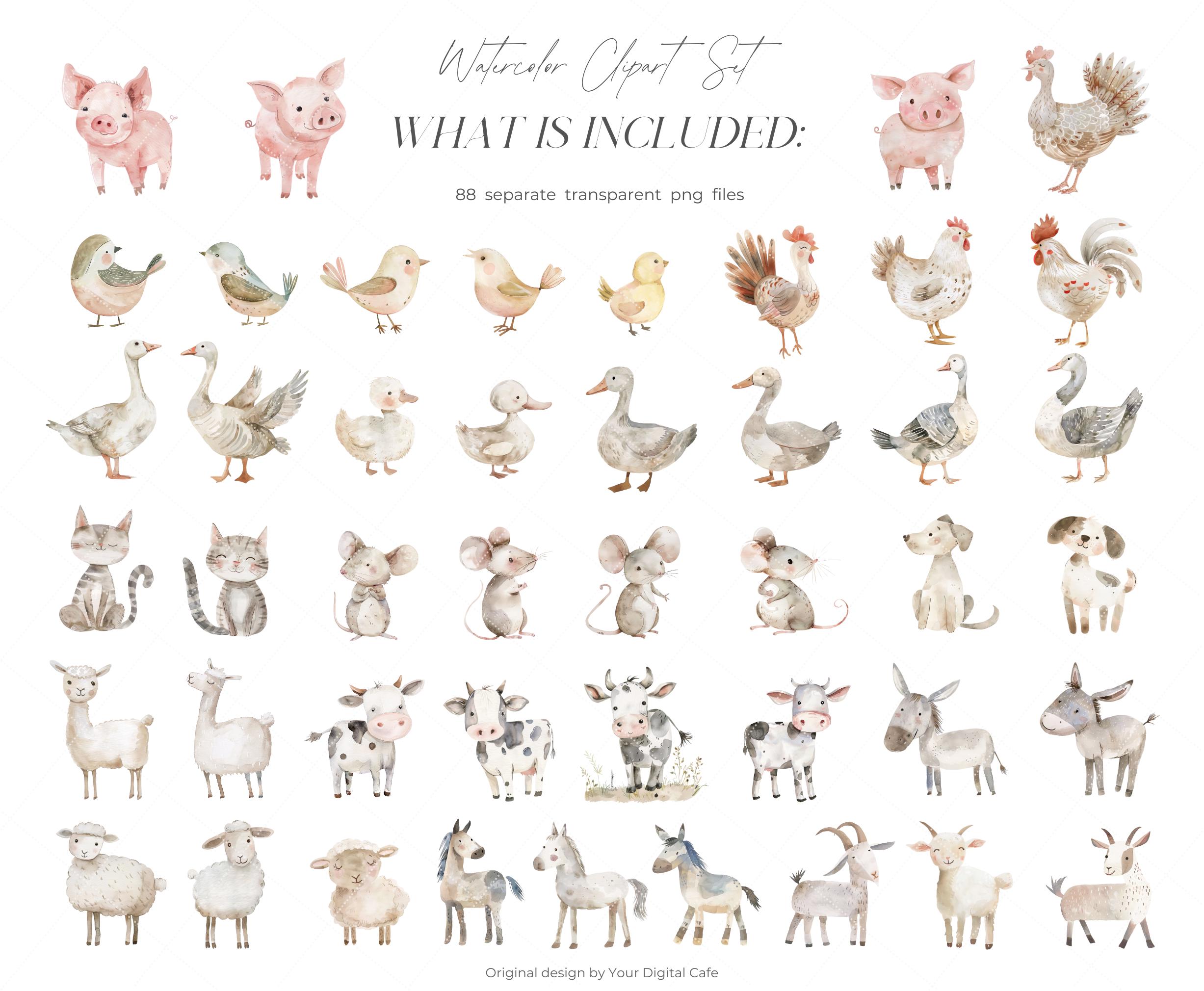 Watercolor Farm Animal Clipart Bundle: Goose Clip Art, Cute Mouse