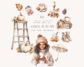 Autumn Watercolor Clipart: Cozy Fall Images, Autumn Coffee, Desserts, Stickers Clip Art (Digital Download)