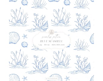 Chinoiserie Seashell Pattern: Blue Toile de Jouy Nursery Seamless Background (Digital Download)