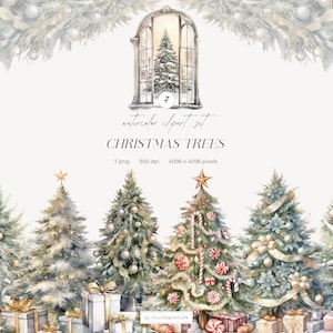 Watercolor Decorated Christmas Trees: Christmas Tree Clipart, Festive Winter PNG, Holiday Season Clip Art (Digital Download)