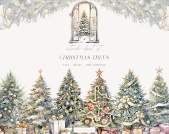 Watercolor Decorated Christmas Trees: Christmas Tree Clipart, Festive Winter PNG, Holiday Season Clip Art (Digital Download)