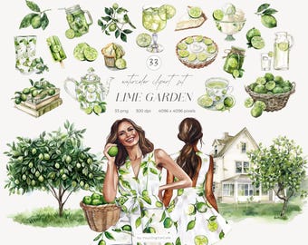 Clipart de Jardín de Limas en Acuarela: Cítricos de Verano, Álbum de Recortes, Diario de Basura, Pegatinas (Descarga Digital)
