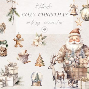 Clipart natalizio accogliente ad acquerello, ornamenti natalizi boho PNG, grafica natalizia neutra, decorazioni natalizie rustiche PNG, clipart natalizie