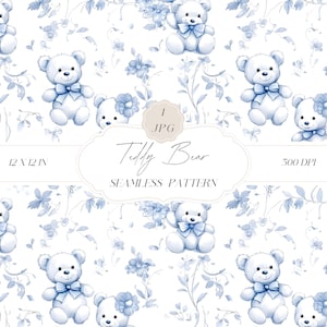 Toile de Jouy chinoiserie sans couture, motif ours en peluche, motif pour enfants, motifs chambre de bébé, clipart numérique pour papiers, tissus