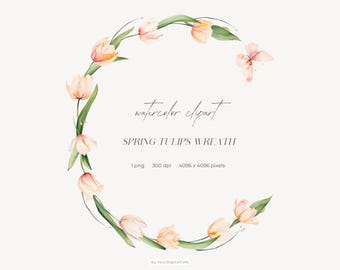 Watercolor Spring Wreath Clipart: Tulips Wreath PNG, Floral, Easter, Wedding Invitation Clip Art (Digital Download)