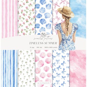 Watercolor Timeless Summer Seamless Patterns: Floral Digital Papers, Striped, Bow, Scrapbook Paper (Digital Download)