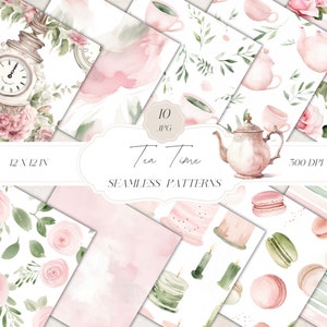 Motivi senza soluzione di continuità per l'ora del tè con acquerello, motivo floreale, motivo primaverile, motivo con fiori primaverili, carta digitale per scrapbooking, download immediato