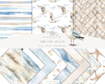 Watercolor Ocean Seamless Patterns: Neutral Summer Beach Digital Paper, Nautical, Repeating Pattern (Digital Download)