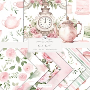 Tea Time Digital Paper: Seamless Spring Patterns, Watercolor Floral Pattern (Digital Download)