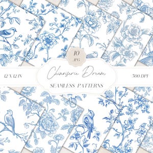 Blauwe chinoiserie naadloze bloemenpatronen, vintage bloemen digitaal papier, vintage patronen, toile-patroon chinoiserie, vintage clipart, JPG