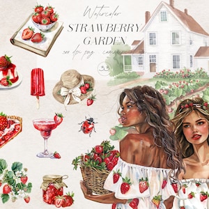 Pacote de clipart de morango aquarela de verão, morangos png, clipart de frutas vermelhas de verão, clipart de adesivos, download digital, uso comercial