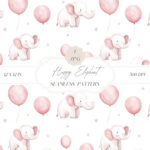 Modello senza cuciture con simpatico elefante ad acquerello, carta digitale per bambini, modello per cameretta di un elefante rosa da scaricare Clipart per carte e tessuti.
