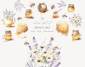Watercolor Honey Bee Clipart: Floral Spring Clip Art, Summer Bees PNG, Daisy, Lavender (Digital Download)