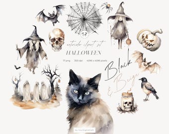 Watercolor Halloween Clipart: Spooky Season, Black Cat, Witch, Skull, Bat, Vintage, Stickers Clip Art (Digital Download)