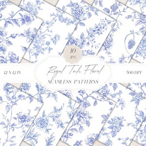 Blue Chinoiserie Toile de Jouy Seamless Patterns, Blue Vintage Floral Pattern, Chinoiserie Digital Paper, Vintage Clipart, Instant Download