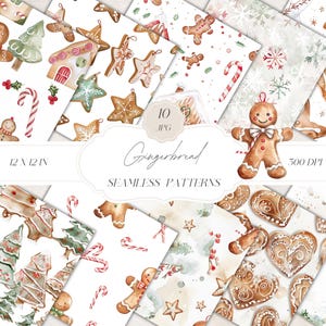 Pan di zenzero Seamless Patterns Acquerello Natale Carta digitale Stampabile Ripetizione Pattern JPG Seamless Designs Cozy Inverno Scrapbooking